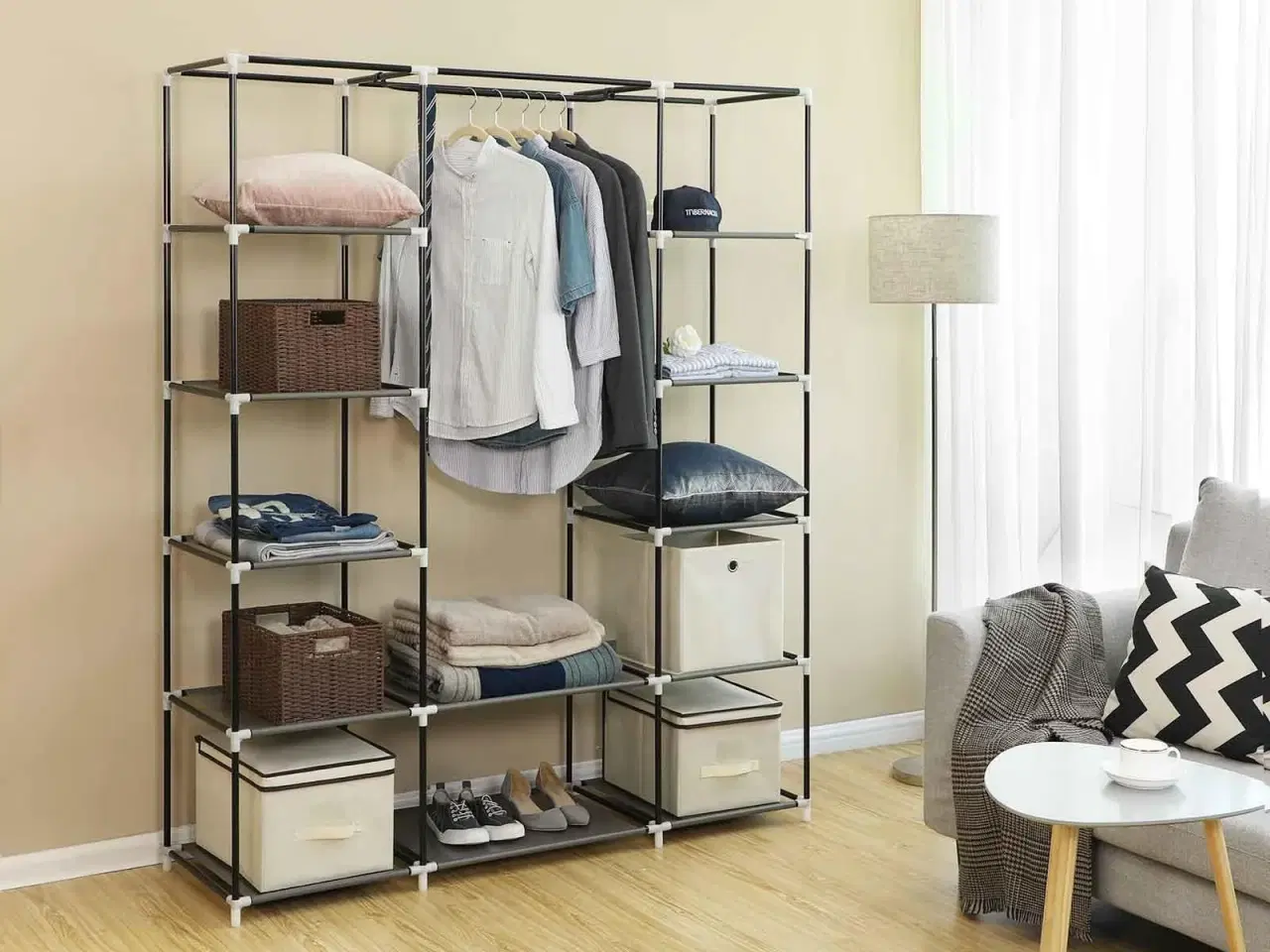 Billede 4 - Garderobeskab stof transportabelt klædeskab med hylder og bøjlestang, grå, 150 × 45 × 175 cm