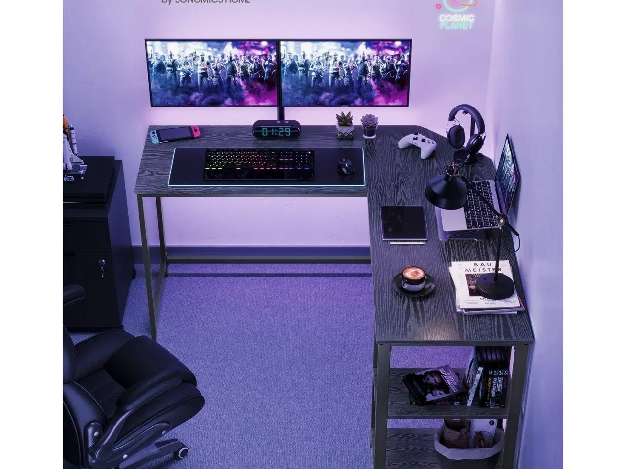 Billede 2 - L-formet hjørneskrivebord 138 × 138 × 76 cm – gaming- og arbejdsbord med 2 opbevaringshylder, sort trælook