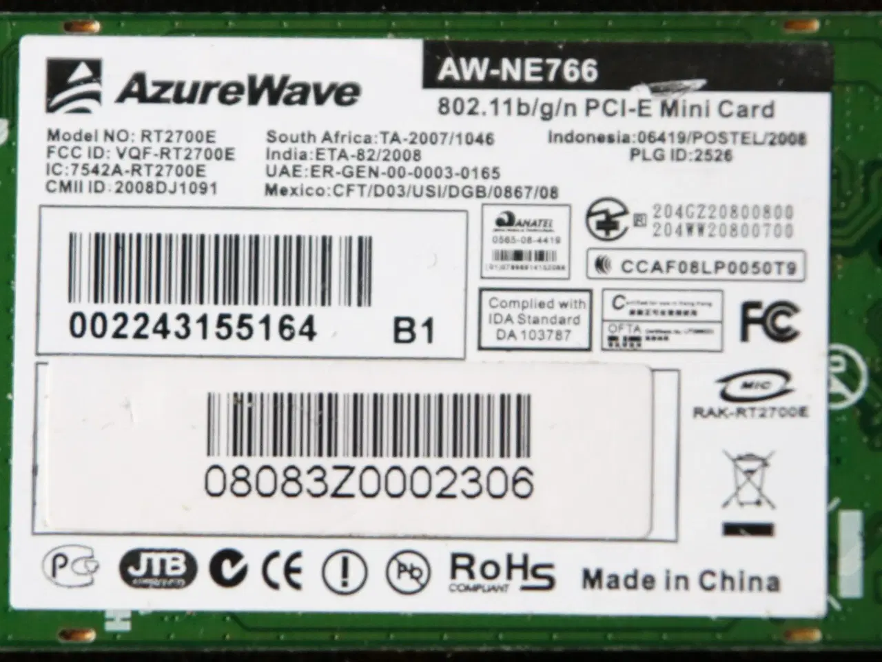 Billede 1 - Netkort, AzureWave AW-NE766 mini  PCI-E