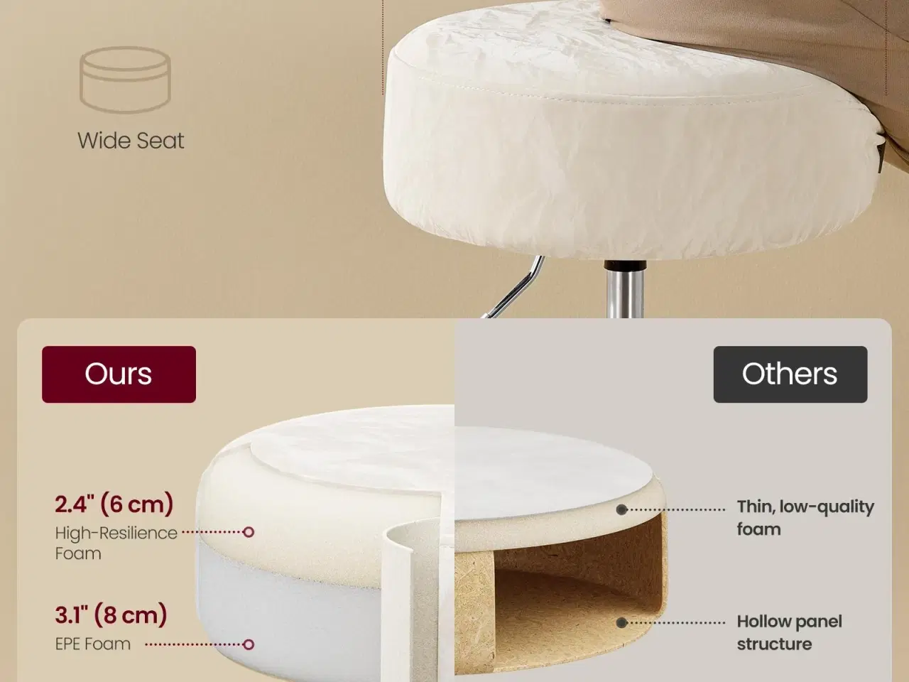 Billede 3 - Højdejusterbar make-up skammel – 360° drejbar taburet i cremehvid PU med tyk pude, moderne