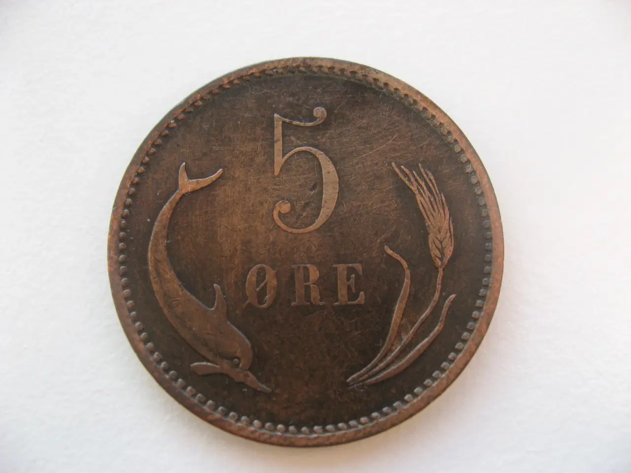 Billede 2 - Flot delfin 5 øre 1890. Den svære