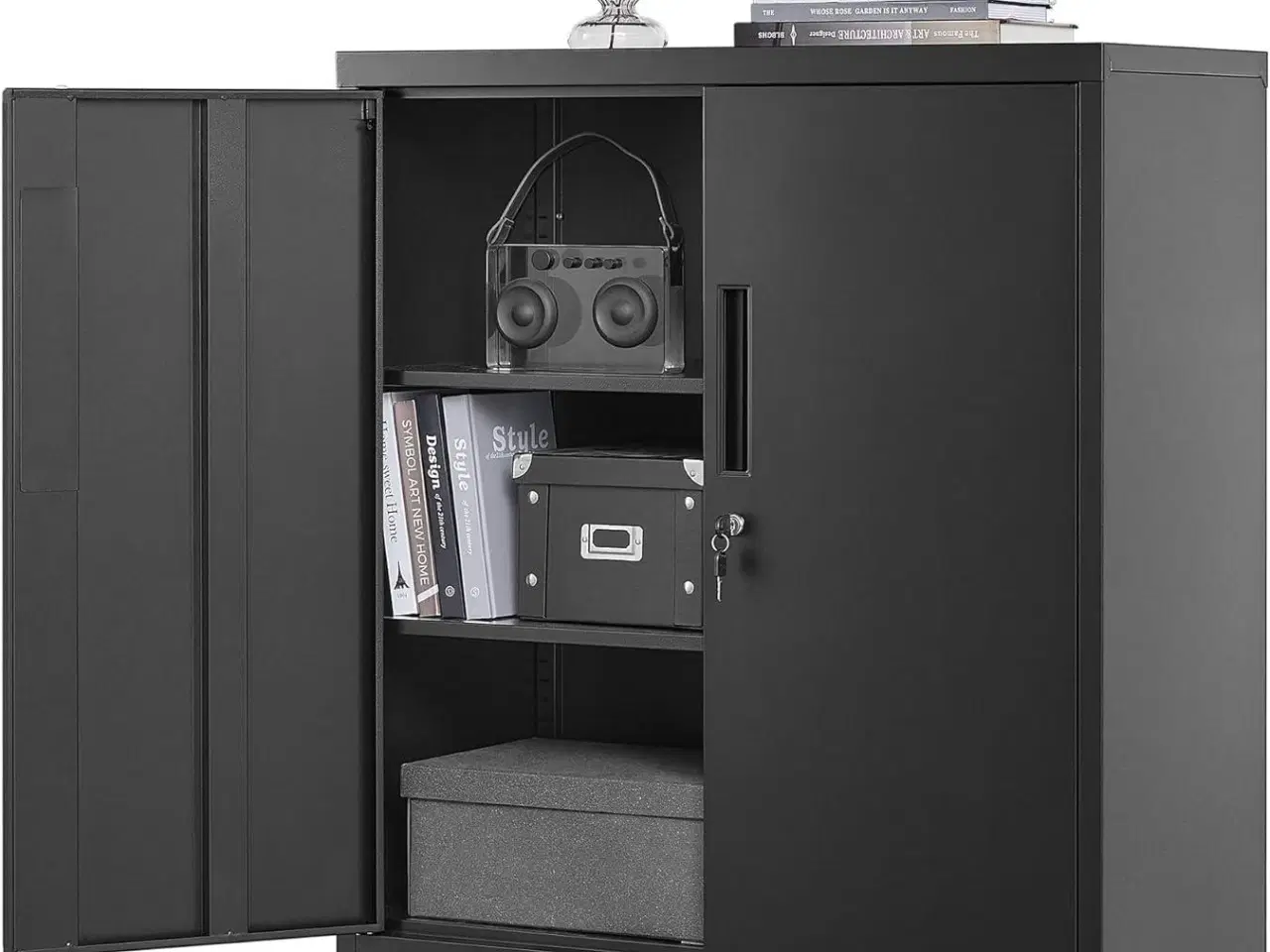Billede 1 - Opbevaringsskab stål – SONGMICS låsbart skab med 2 døre, justerbare hylder, sort