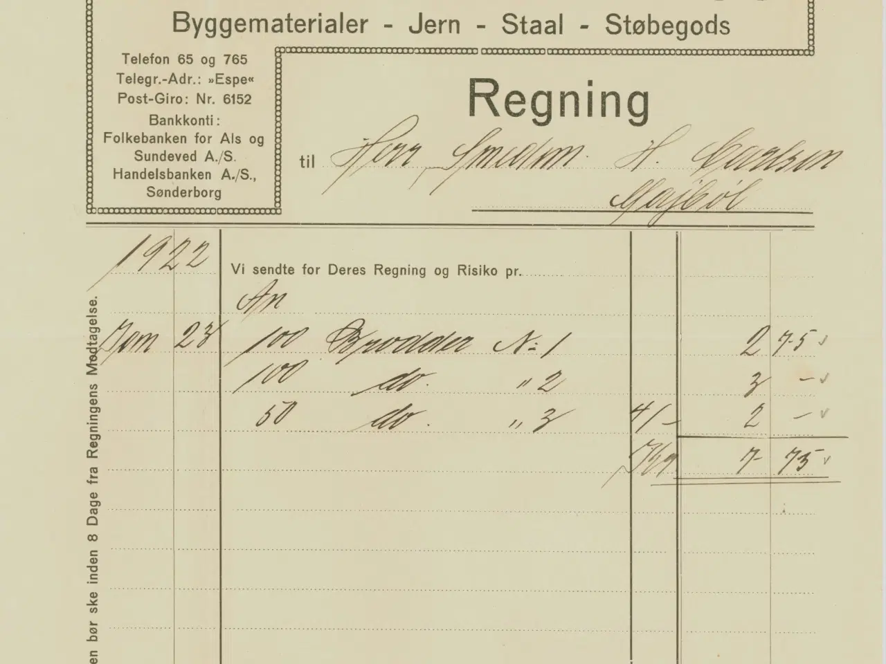Billede 3 - Forretningsbrev 1922, Sønderborg
