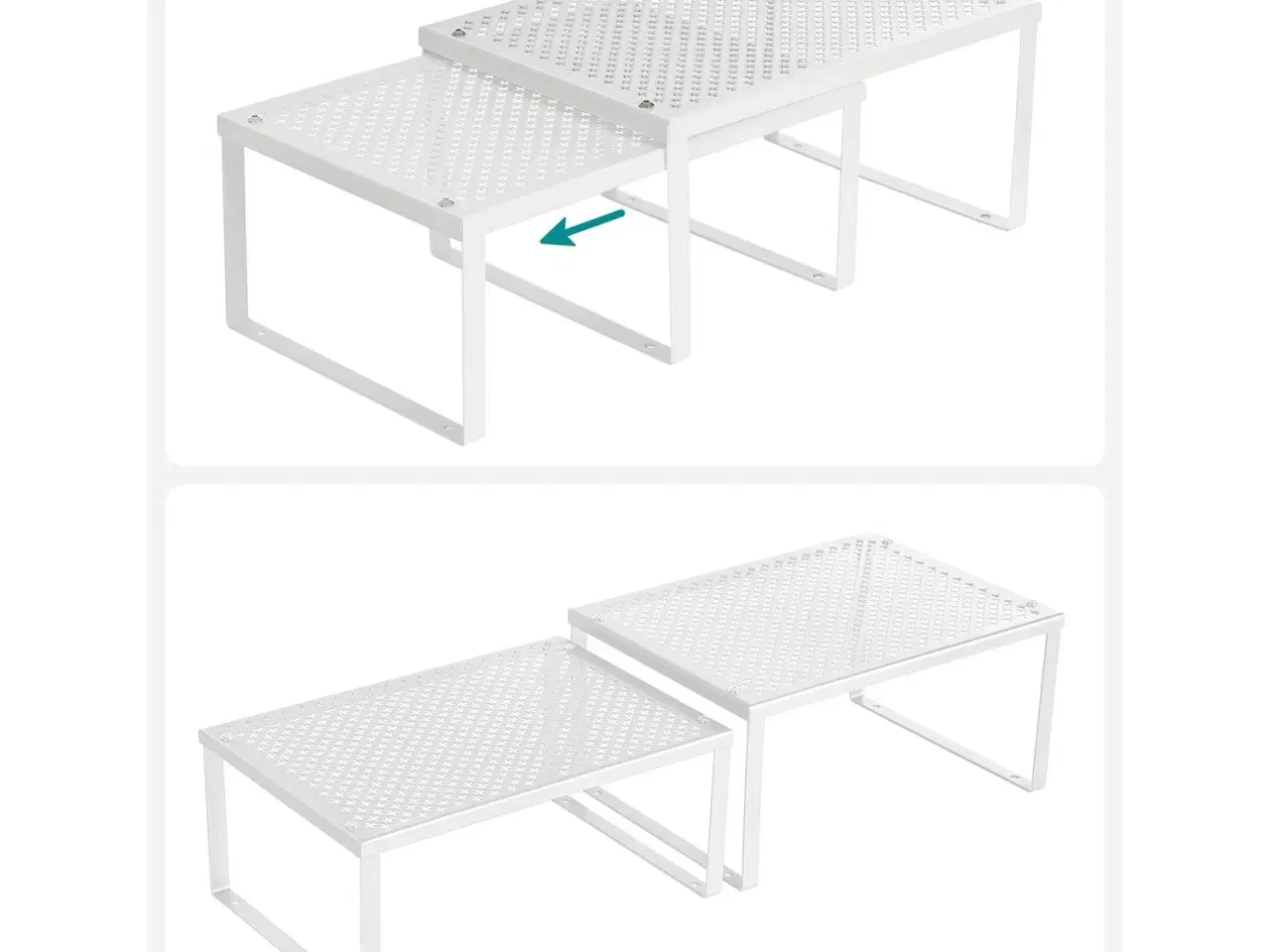 Billede 7 - Skabshylder til køkken, 4 stk. stabelbare – udvidbart sæt, hvid/sølv (UKCS01WT)