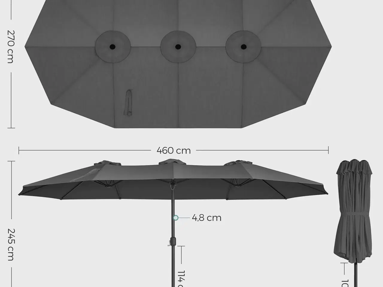 Billede 7 - Parasol dobbelt 460 × 270 cm stor terrasseparasol med svej, UPF 50+, håndsving, grå (uden base)