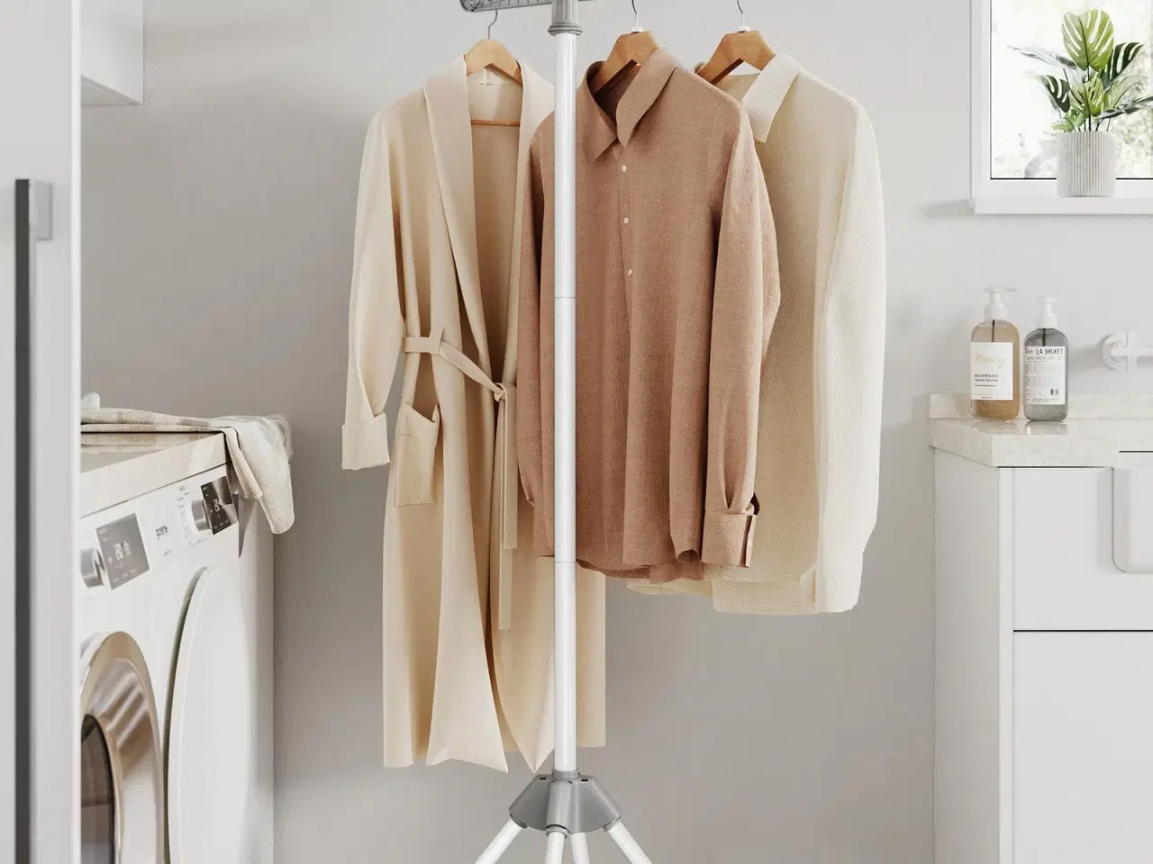 Billede 1 - Tørrestativ til tøj foldbart stativ med 3 roterbare arme, 4 ben, rustfrit stål, 150 cm, grå/hvid