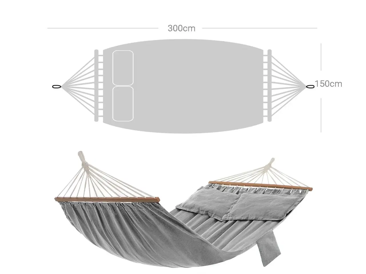 Billede 6 - Dobbelt hængekøje i TC-stof – grå, 210 × 150 cm med puder og træspredere