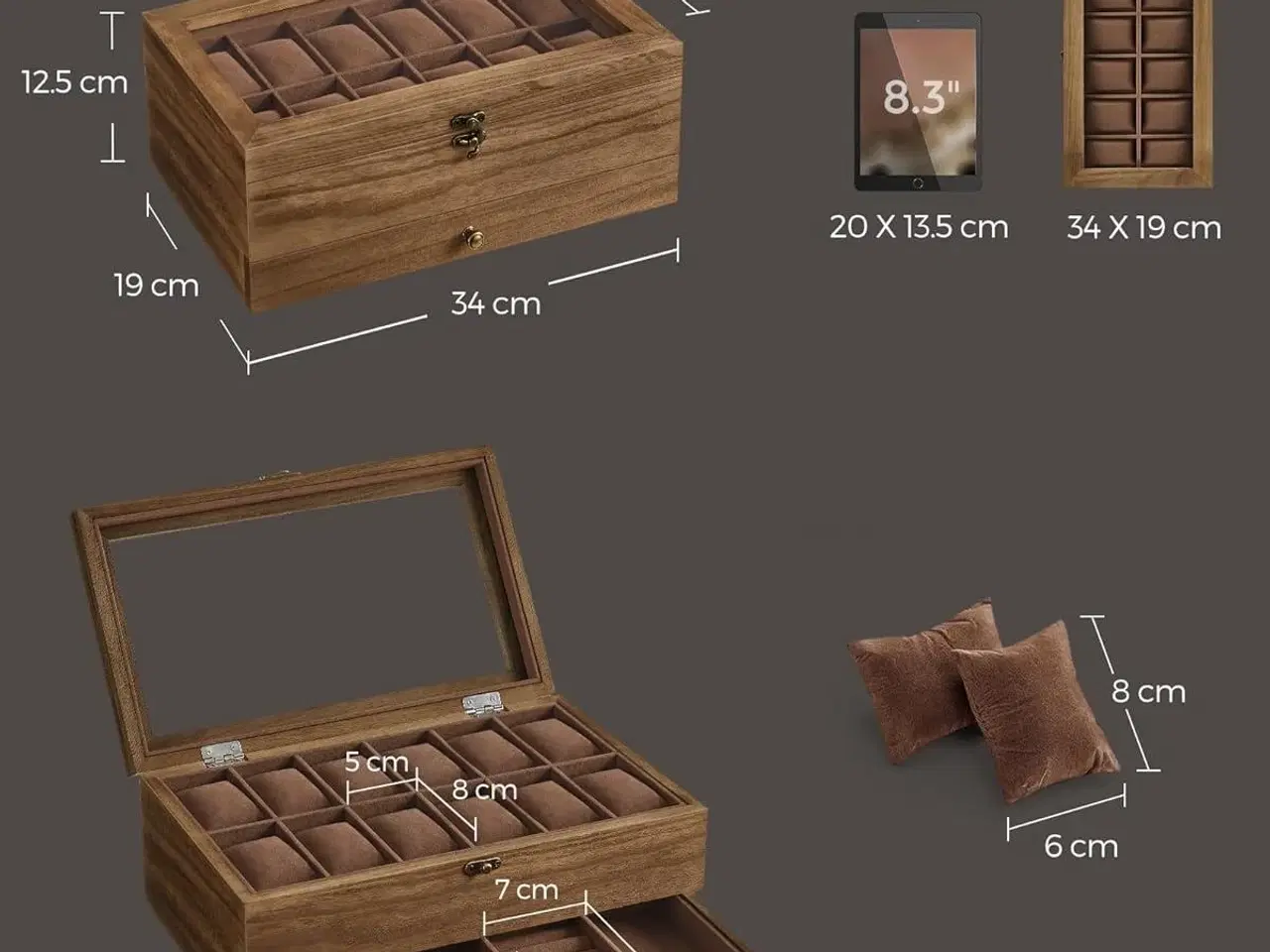 Billede 5 - Urkasse med glaslåg watch box i træ, 12 rum, 2 etager, rustik valnød