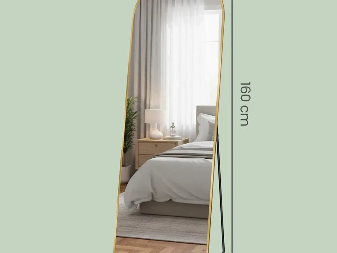 Billede 3 - Buet gulvspejl 160 × 50 cm med stander – hærdet glas, aluminium, lys guld