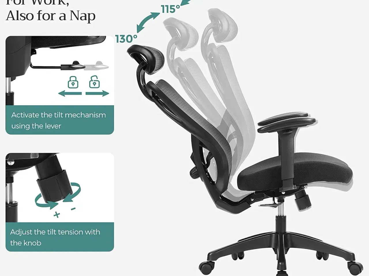 Billede 2 - Kontorstol med net ergonomisk skrivebordsstol, justerbar lændestøtte og nakkestøtte, 150 kg, højdejusterbar, sort (OBN063B01)