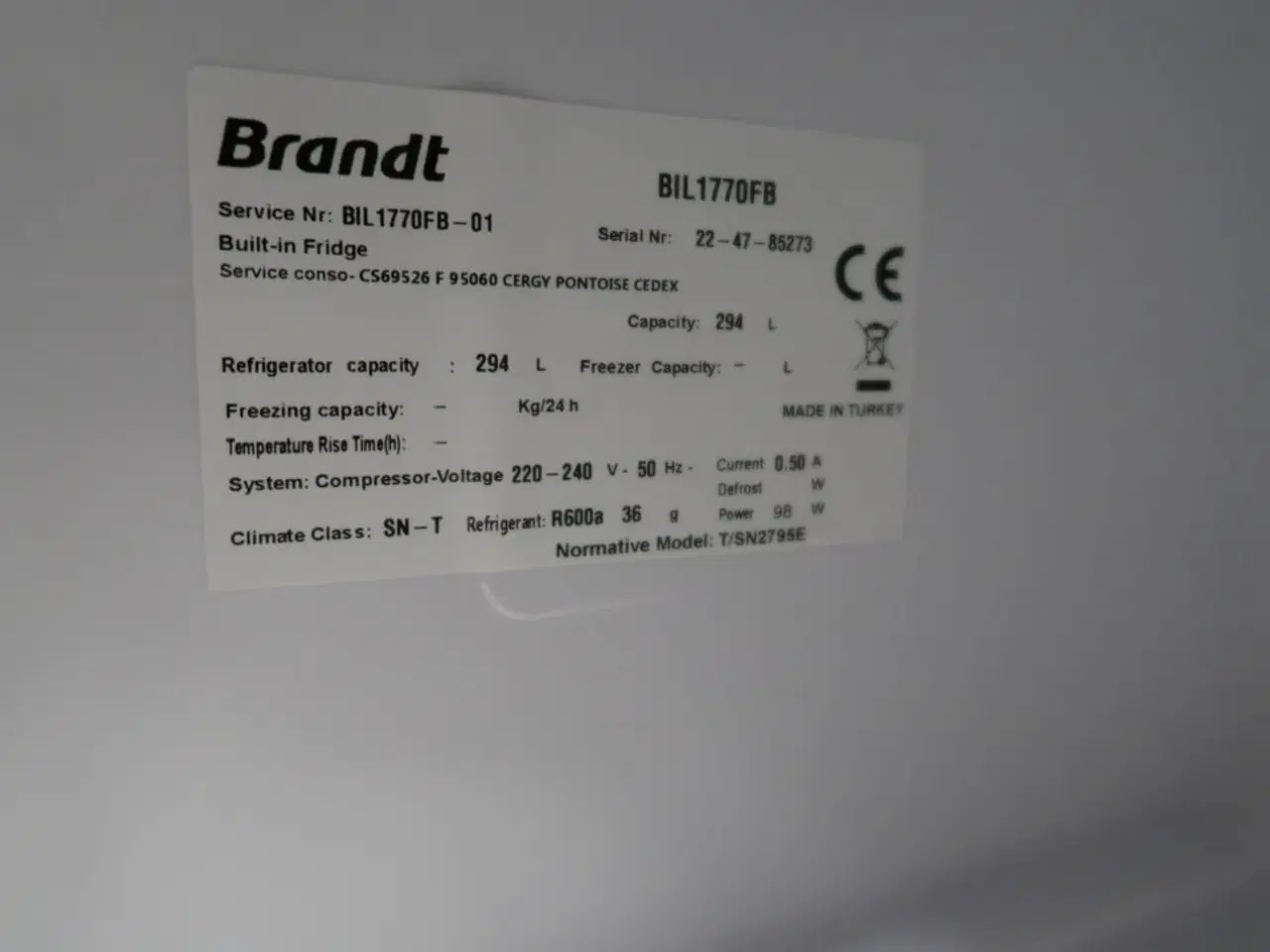 Billede 4 - Integreret køleskab BRANDT BIL1770FB-01