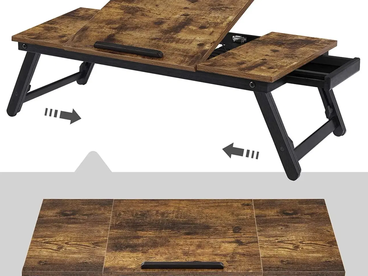 Billede 6 - Bærbar pc bord til seng/sofa justerbar vippeplade, foldeben i højden, skuffe, rustik mørkebrun