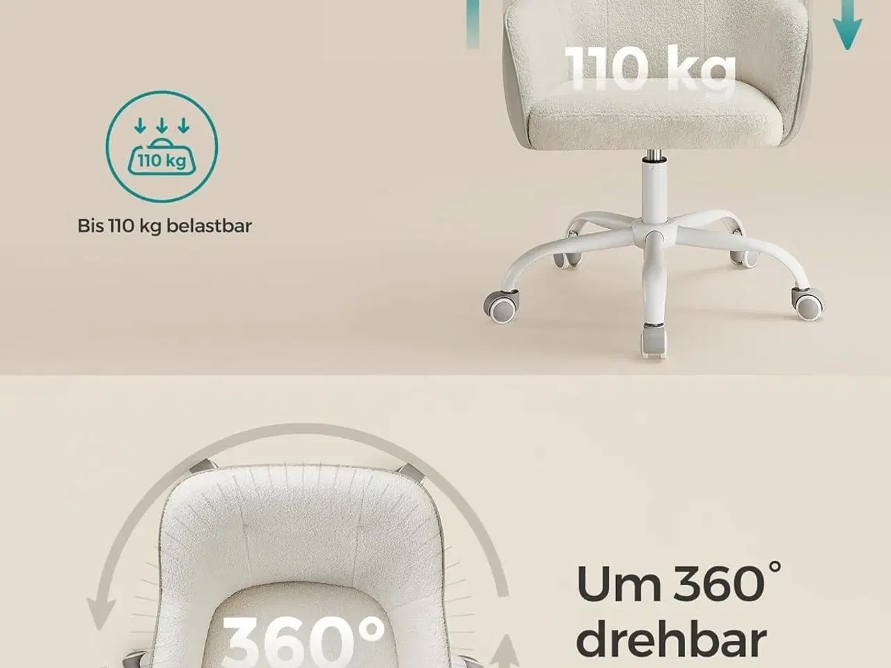 Billede 7 - Kontorstol med armlæn – SONGMICS – drejbar, højdejusterbar, cappuccino beige