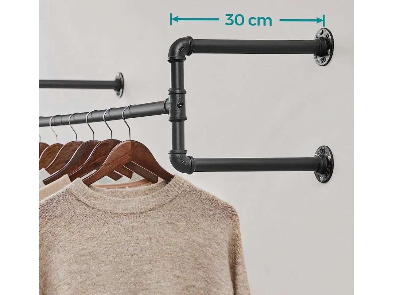 Billede 6 - Tøjstativ til væg sæt á 2, industriel rørstang, pladsbesparende, 110 × 30 × 29,3 cm, max 60 kg pr. stativ, sort HSR64BK-02