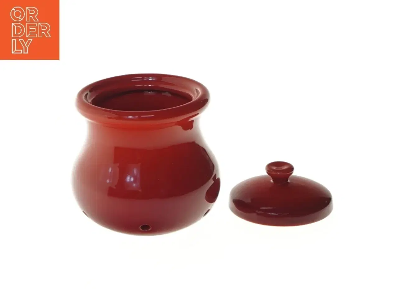 Billede 5 - Rød keramisk krukke med låg fra Cook & Baker til bl.a hvidløg (str. 10 cm)