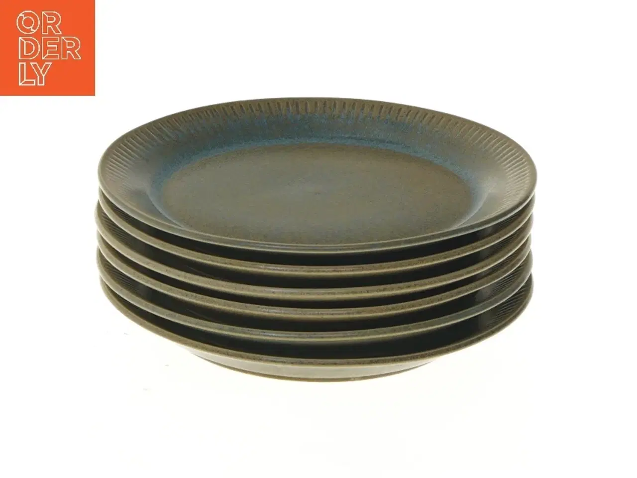 Billede 1 - Grøn Nøddebo stentøjs frokosttallerkener fra Knabstrup (str. Ø 17,5 cm, 6 styk cm)