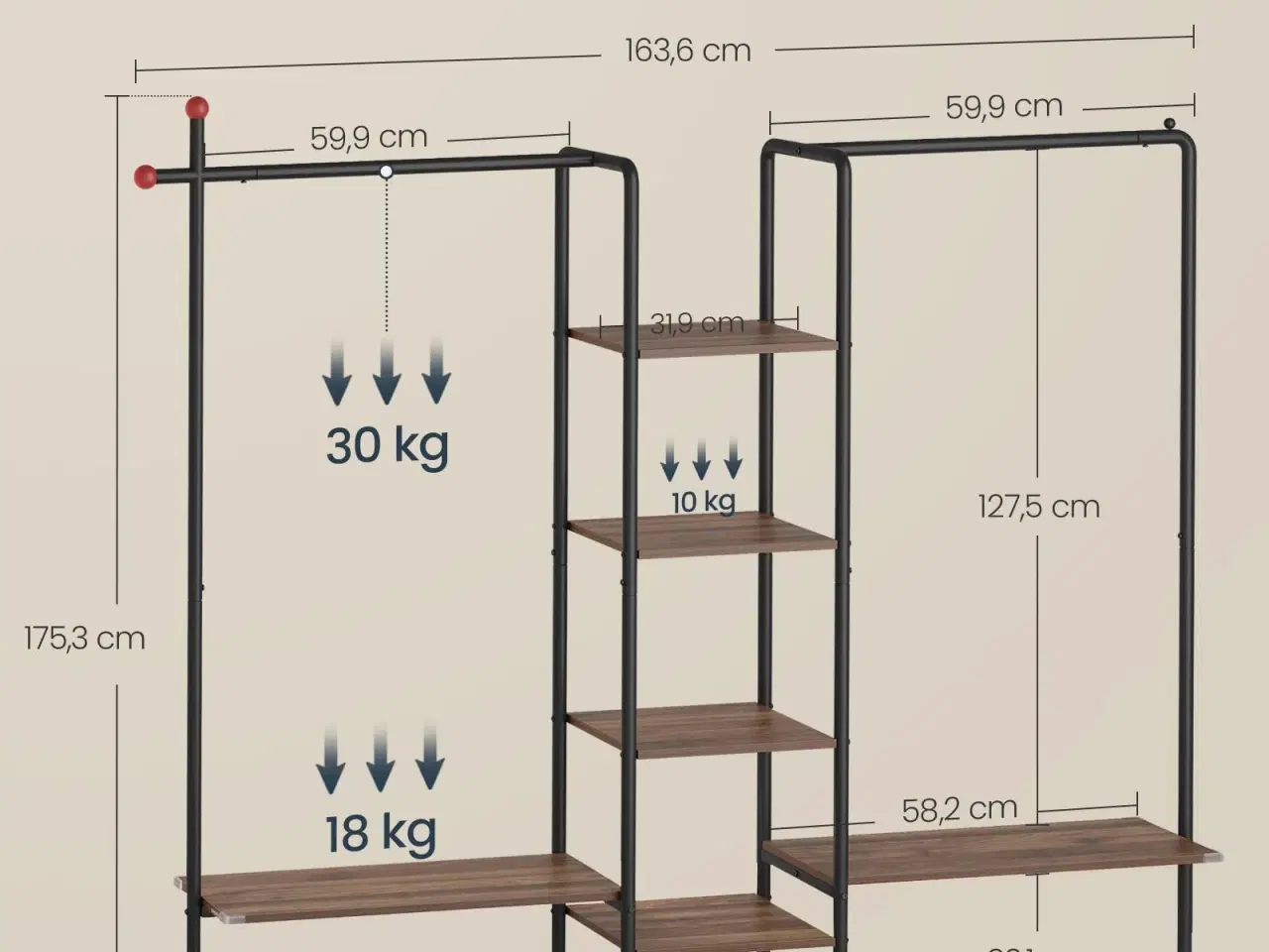 Billede 5 - Tøjstativ med hylder HOME, 2 bøjlestænger, 6 opbevaringshylder, kroge, natur valnød/sort