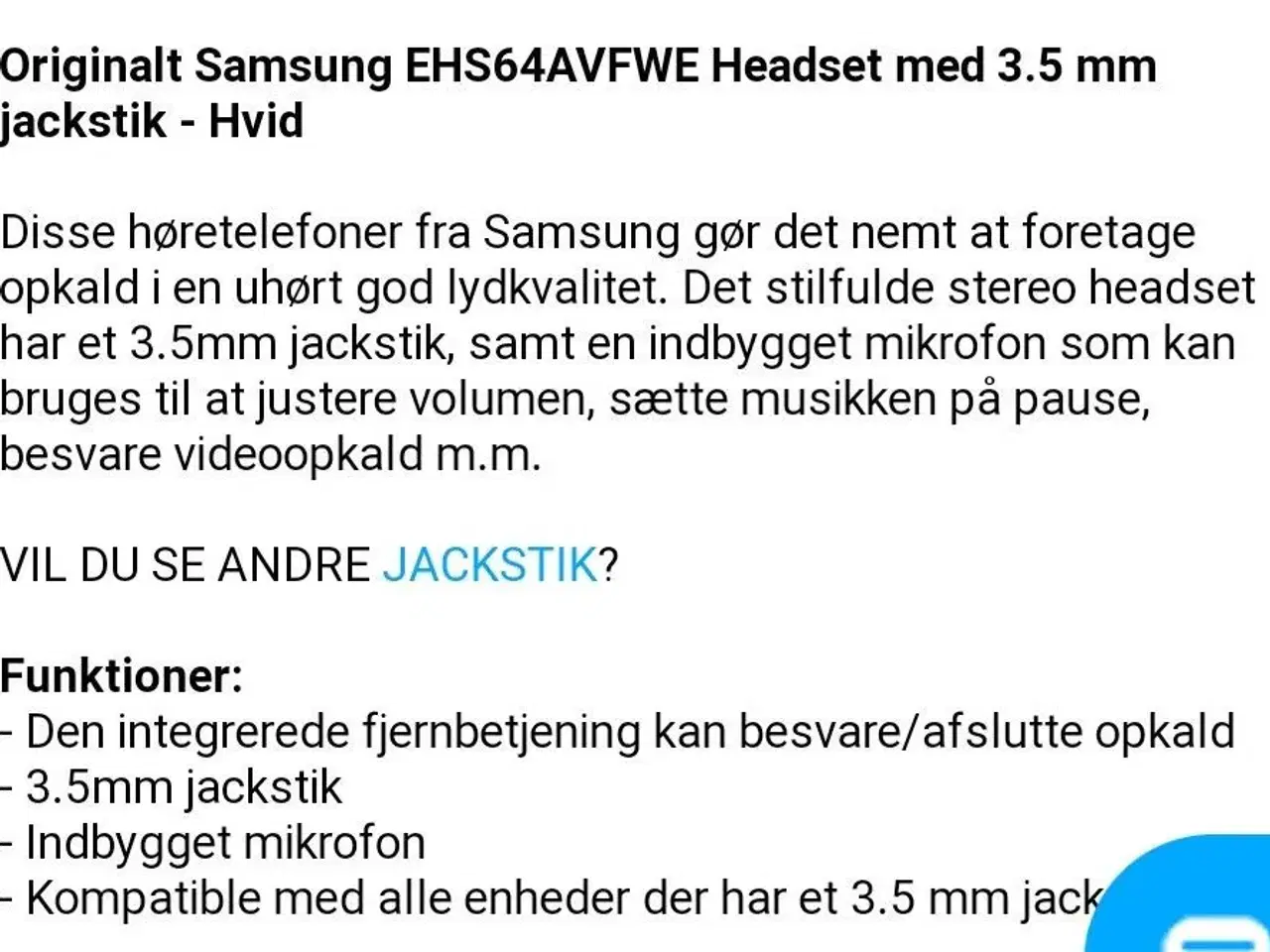 Billede 4 - Headset t. Samsung, EHS64AVFWE