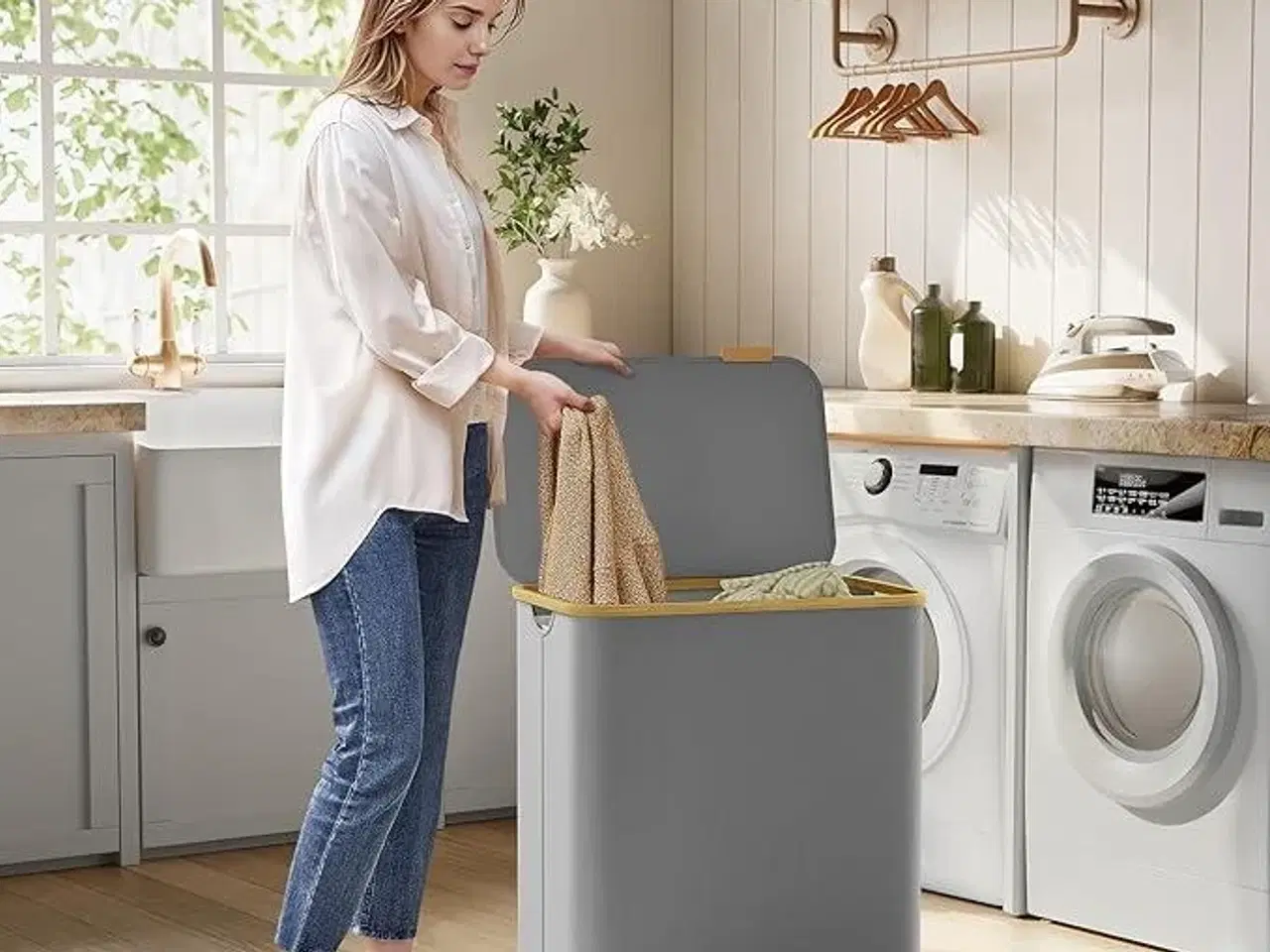 Billede 2 - Vasketøjskurv med låg 3 rum, 150 l, aftagelig netforing, Oxford-stof, bambushåndtag, sammenklappelig, 60 × 38,5 × 70,5 cm, duegrå