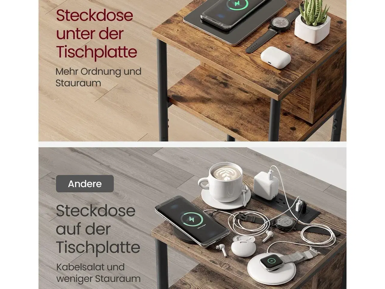 Billede 4 - Sengebord/sidebord med stik smalt, 2 AC + 2 USB, 30 × 34 × 58 cm, vintage brun/sort