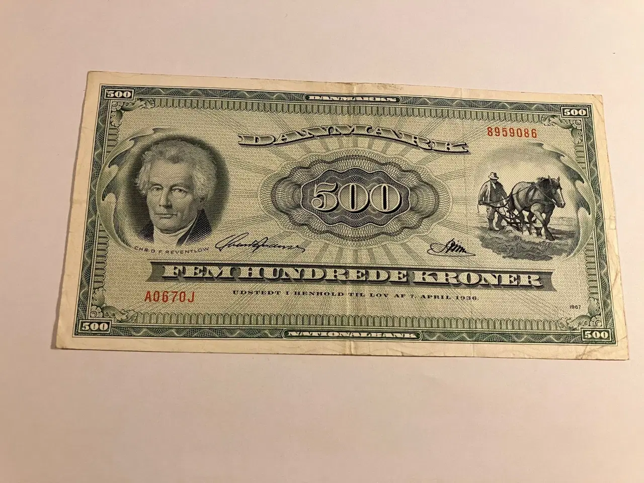 Billede 1 - 500 Kroner A0 Erstatningsseddel 1967 Danmark