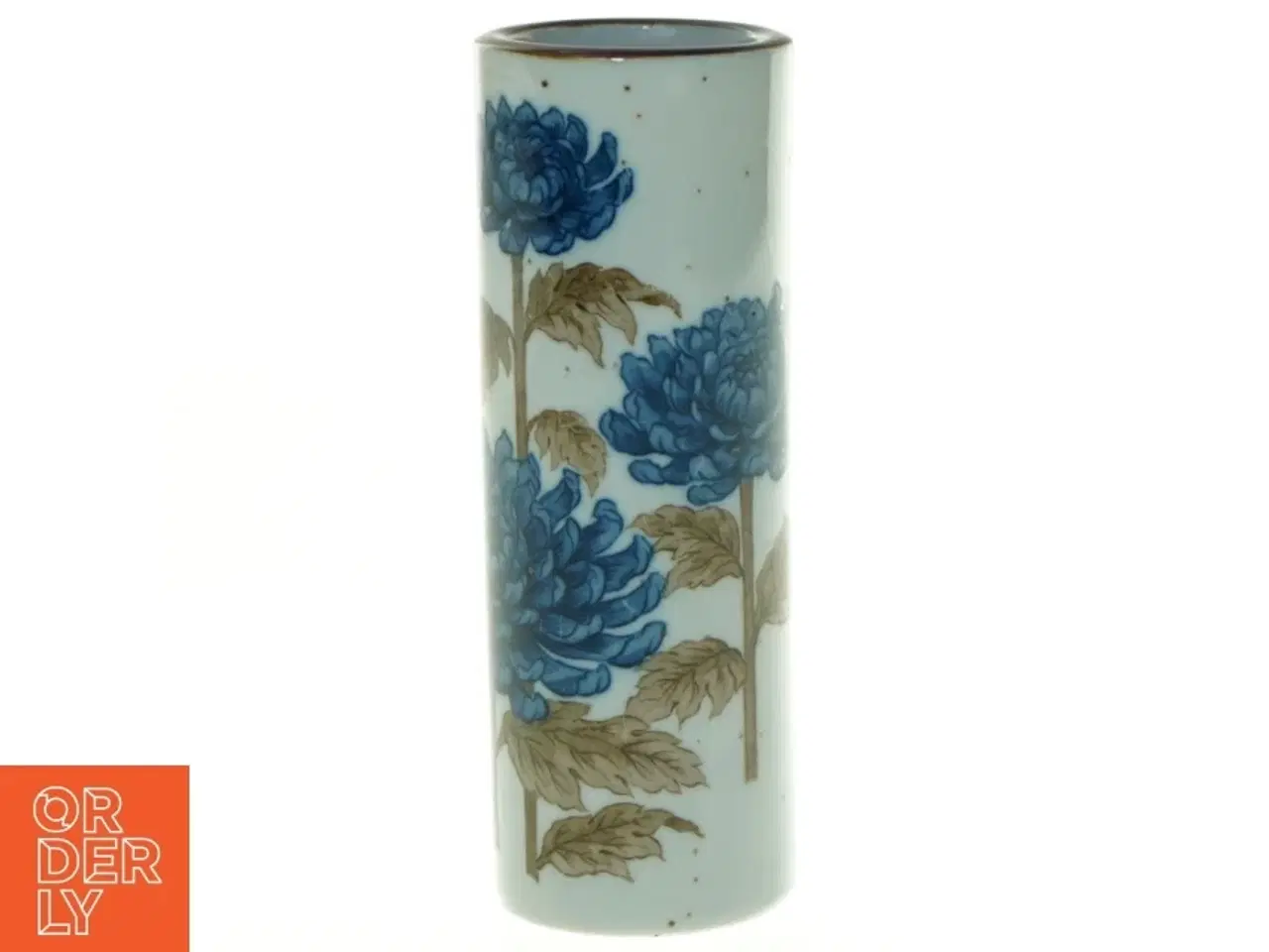 Billede 1 - Porcelænsvase med blå krysantemum blomstermotiv (str. 16 x, 6 cm)