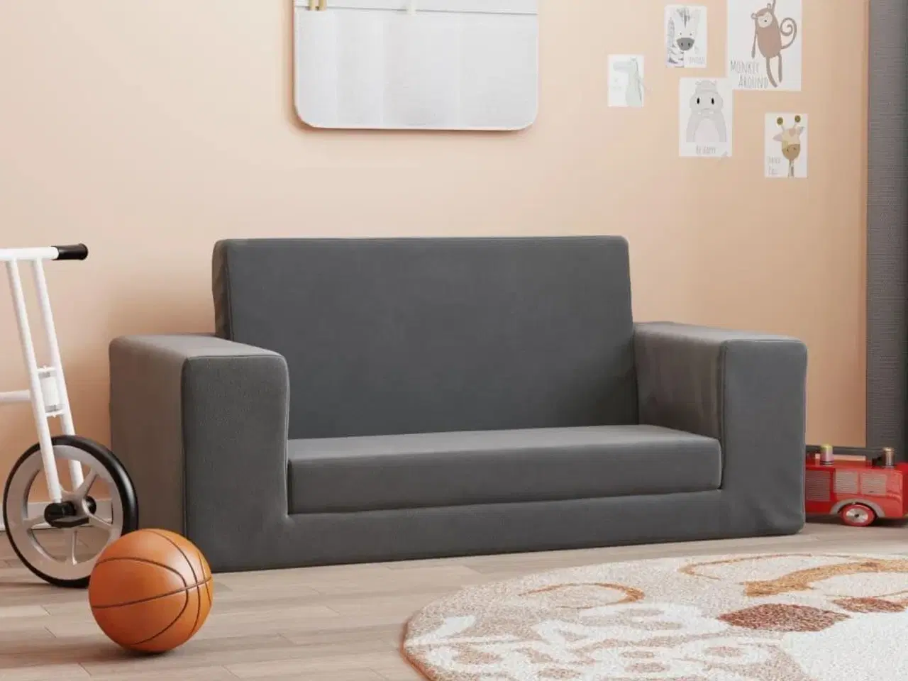 Billede 1 - 2-personers sovesofa til børn blødt plys antracitgrå