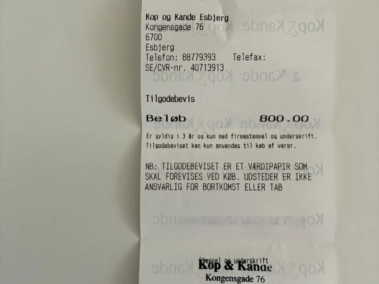 Billede 1 - Tilgodebevis Kop & Kande