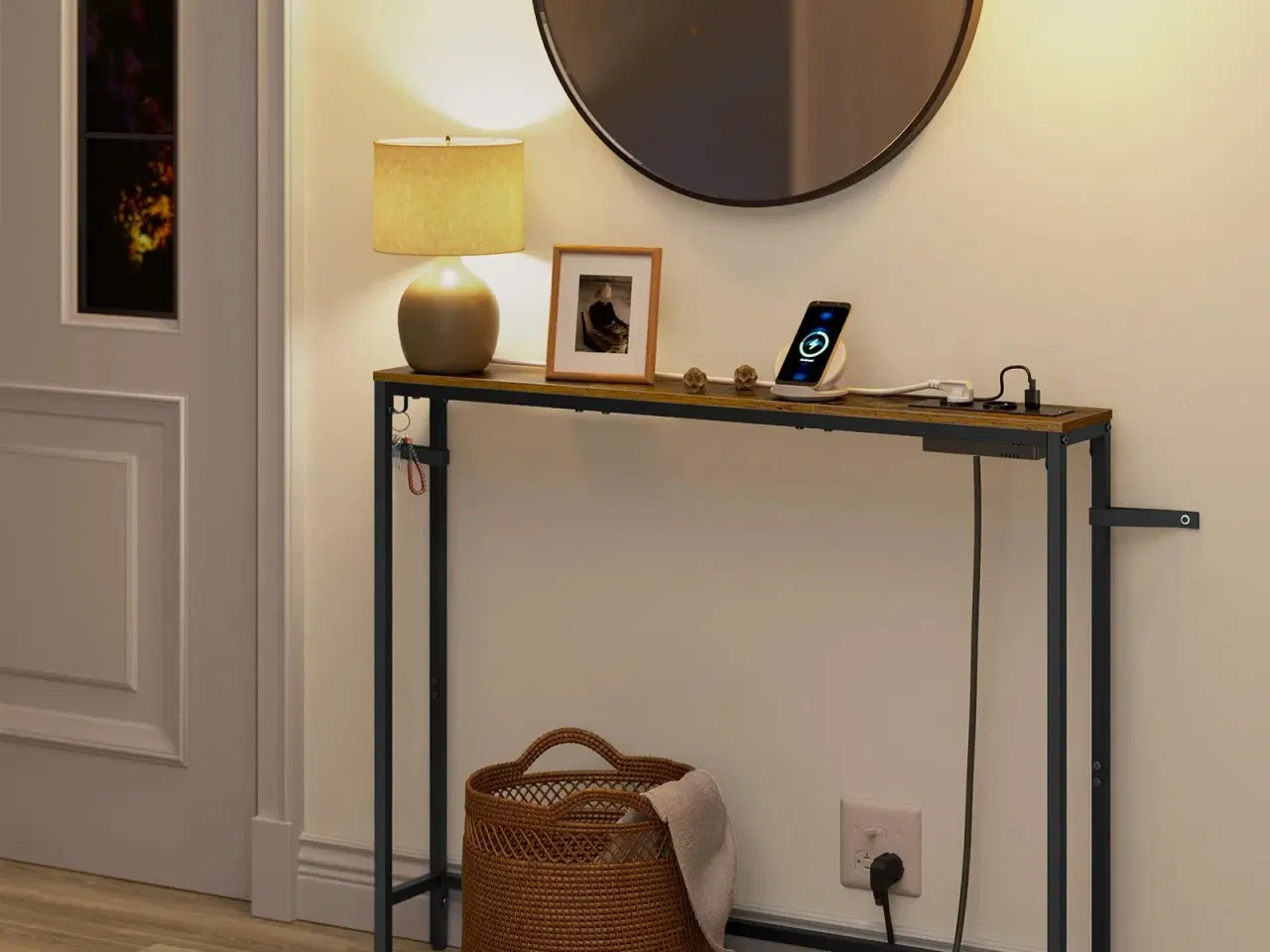 Billede 4 - Slankt konsolbord med opladningsstation – 15 × 100 × 80 cm, vintage brun/sort
