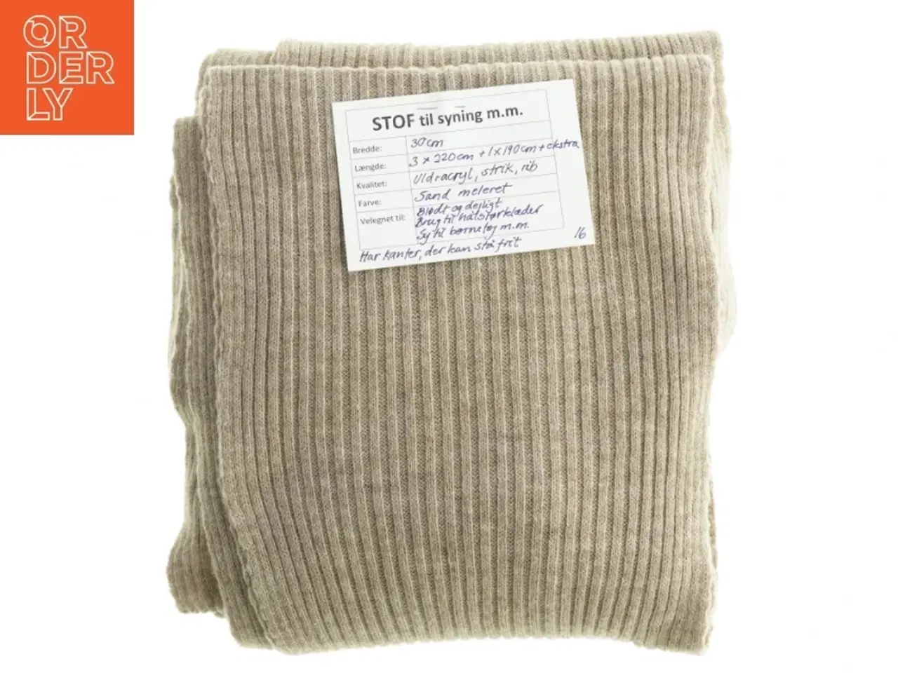 Billede 1 - Ribstrikket stof, sandfarvet, uld+acryl (4 lange stykker)