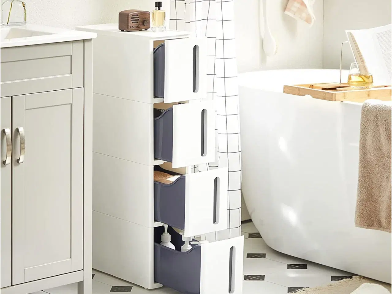 Billede 2 - Køkkenopbevaring skuffetårn smal plast, 4 skuffer, på hjul, hvid/grå, 45 × 17 × 84 cm