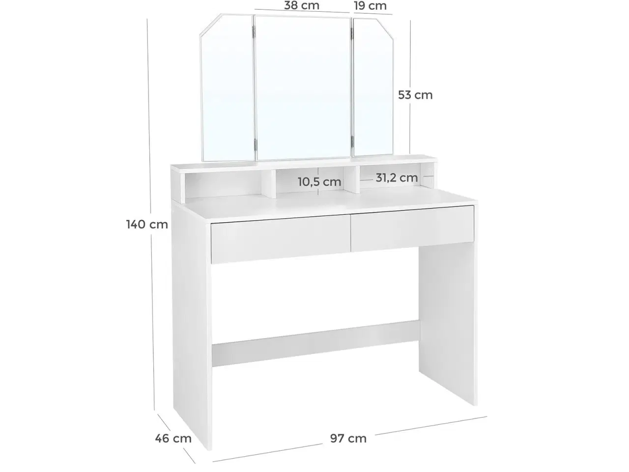 Billede 7 - Toiletbord med tre-delt spejl, 2 skuffer og 3 åbne rum – hvid