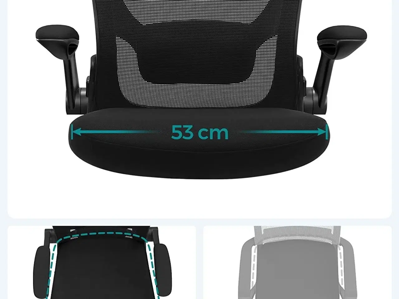 Billede 2 - Kontorstol mesh med armlæn ergonomisk stol, 53 cm sæde, sort