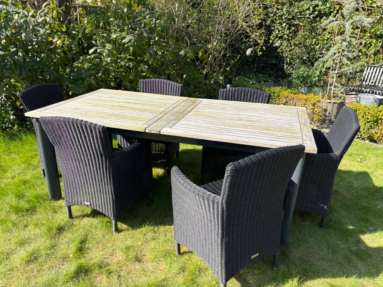 Billede 1 - Havebord i træ med stålben med 6 polyrattan-stole