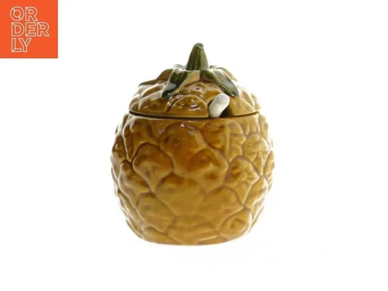 Billede 1 - Gammel marmelade- eller honningkrukke med låg og ske (str. Ø 7x11 cm)