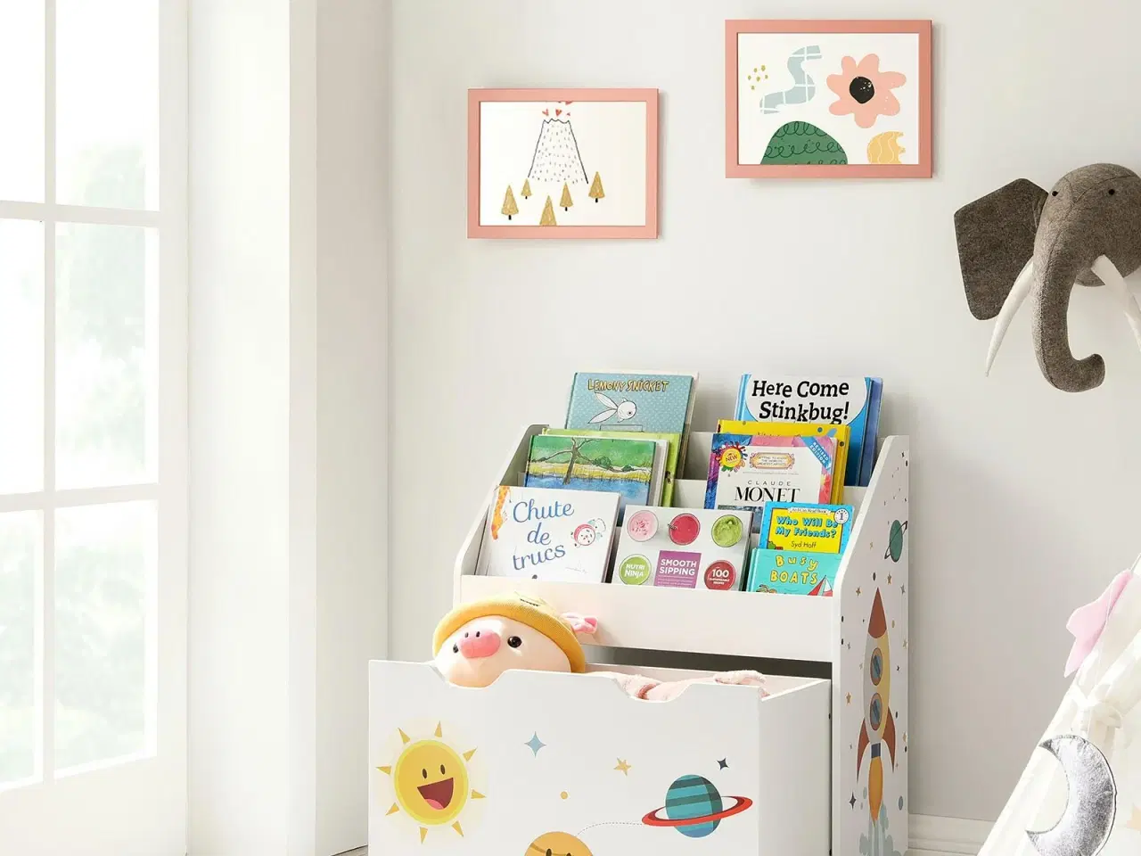 Billede 2 - Børnebogreol med legekasse på hjul 3 hylder, hvid