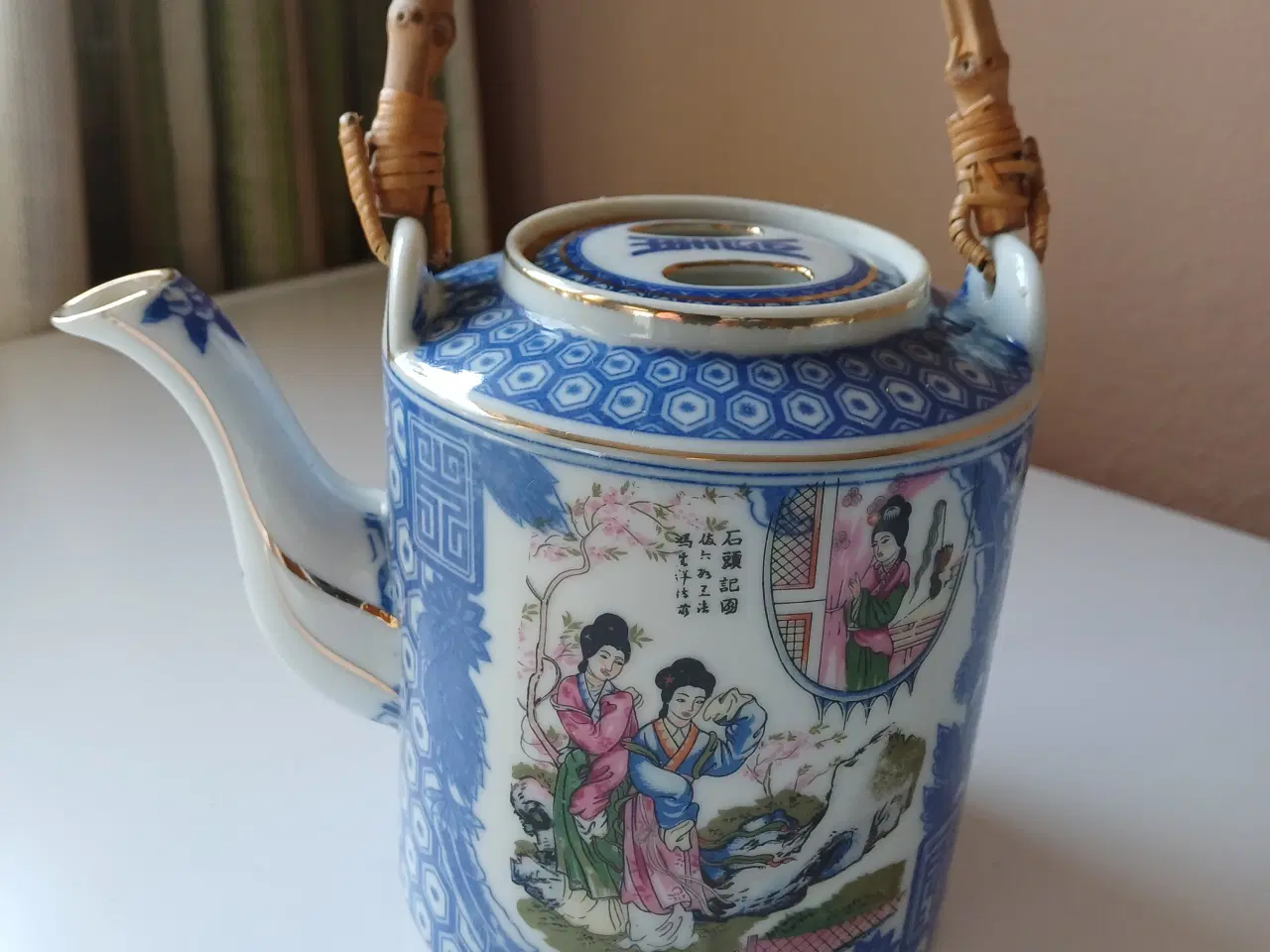 Billede 1 - Japansk porcelæn tekande blå hvid med bambushank