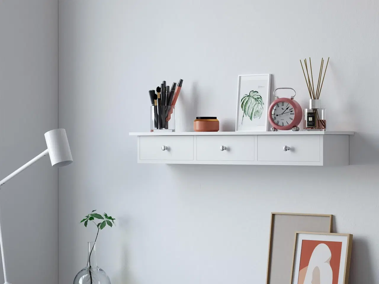 Billede 3 - Væghylde med skuffer – SONGMICS flydende hylde, 80 × 15 × 10 cm, højglans hvid, 3 skuffer