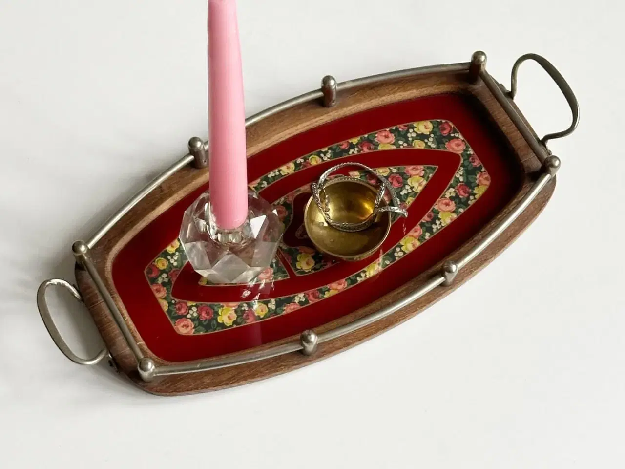 Billede 1 - Antik træbakke m bemalet glasplade