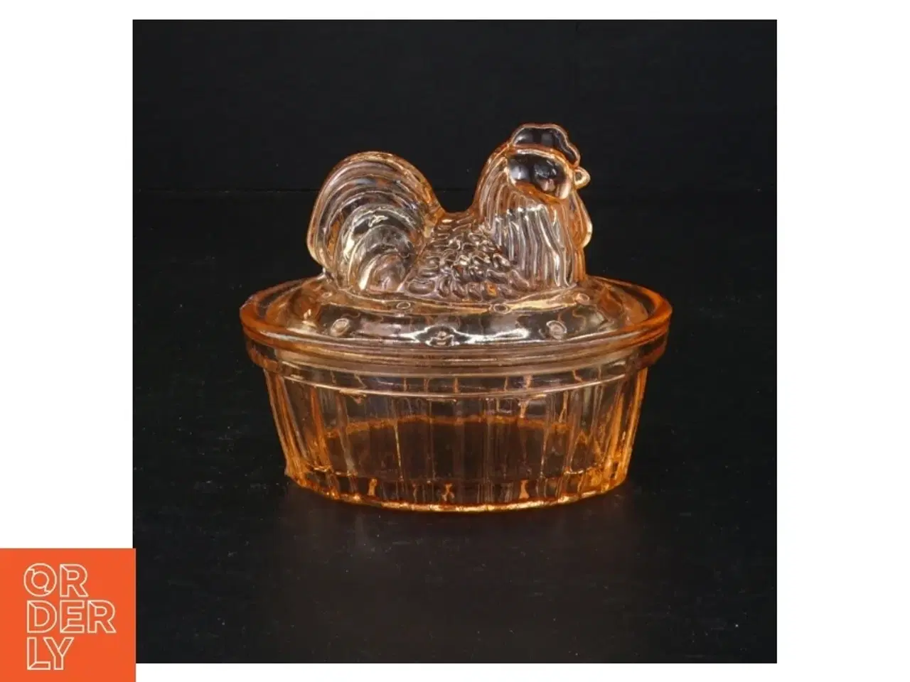 Billede 1 - Orange Høne i kurv Glasskål med låg (str. 13 x 10 x 9 cm)