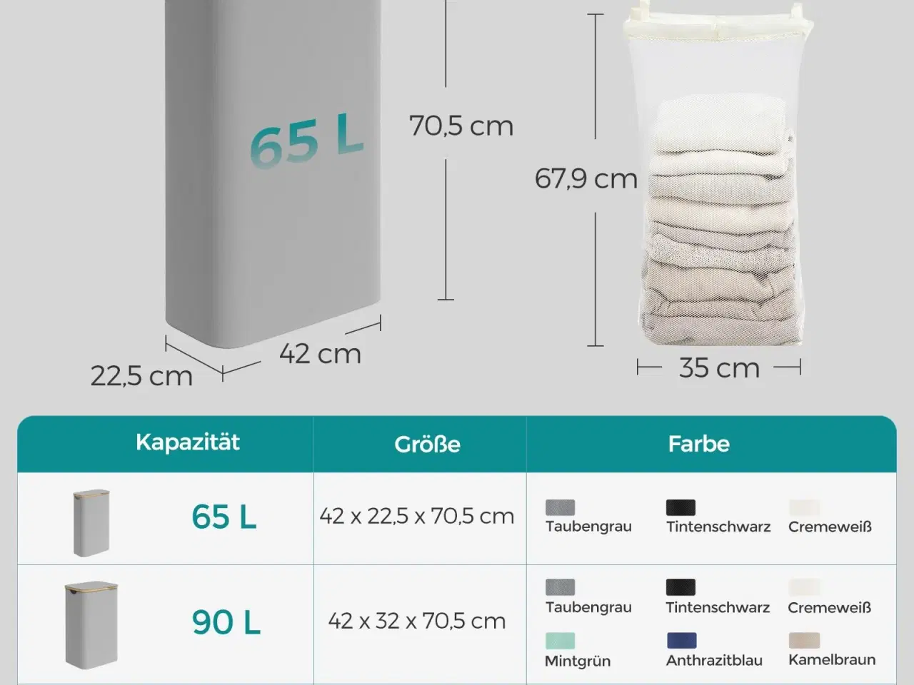 Billede 6 - Vasketøjskurv med låg 65 l slank model med aftagelig netpose, Oxford-stof, bambushåndtag, sammenklappelig, duegrå (42 × 22,5 × 70,5 cm)