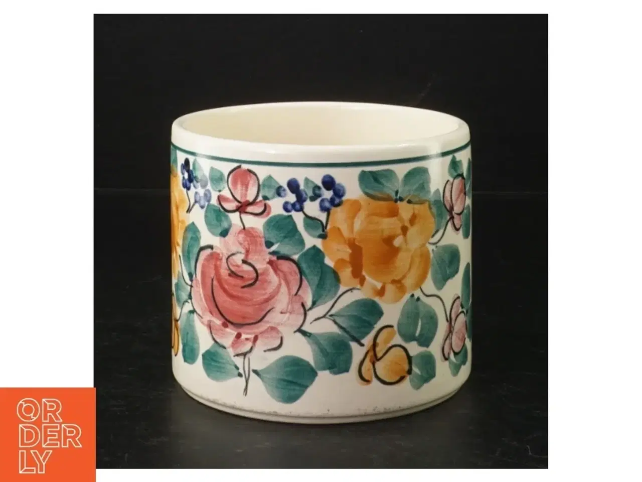 Billede 1 - Fajance skål med Håndmalet blomstermotiv (str. H. 10,5 cm. ø. 12 cm)