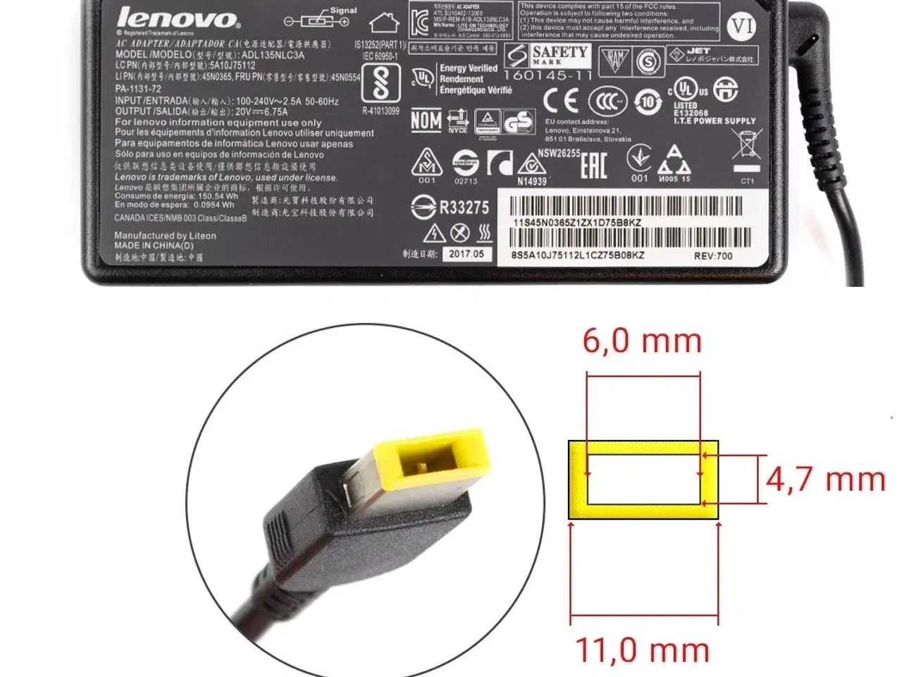 Billede 1 - Lenovo 135W 20V 6.75A strømforsyning square pin - Original