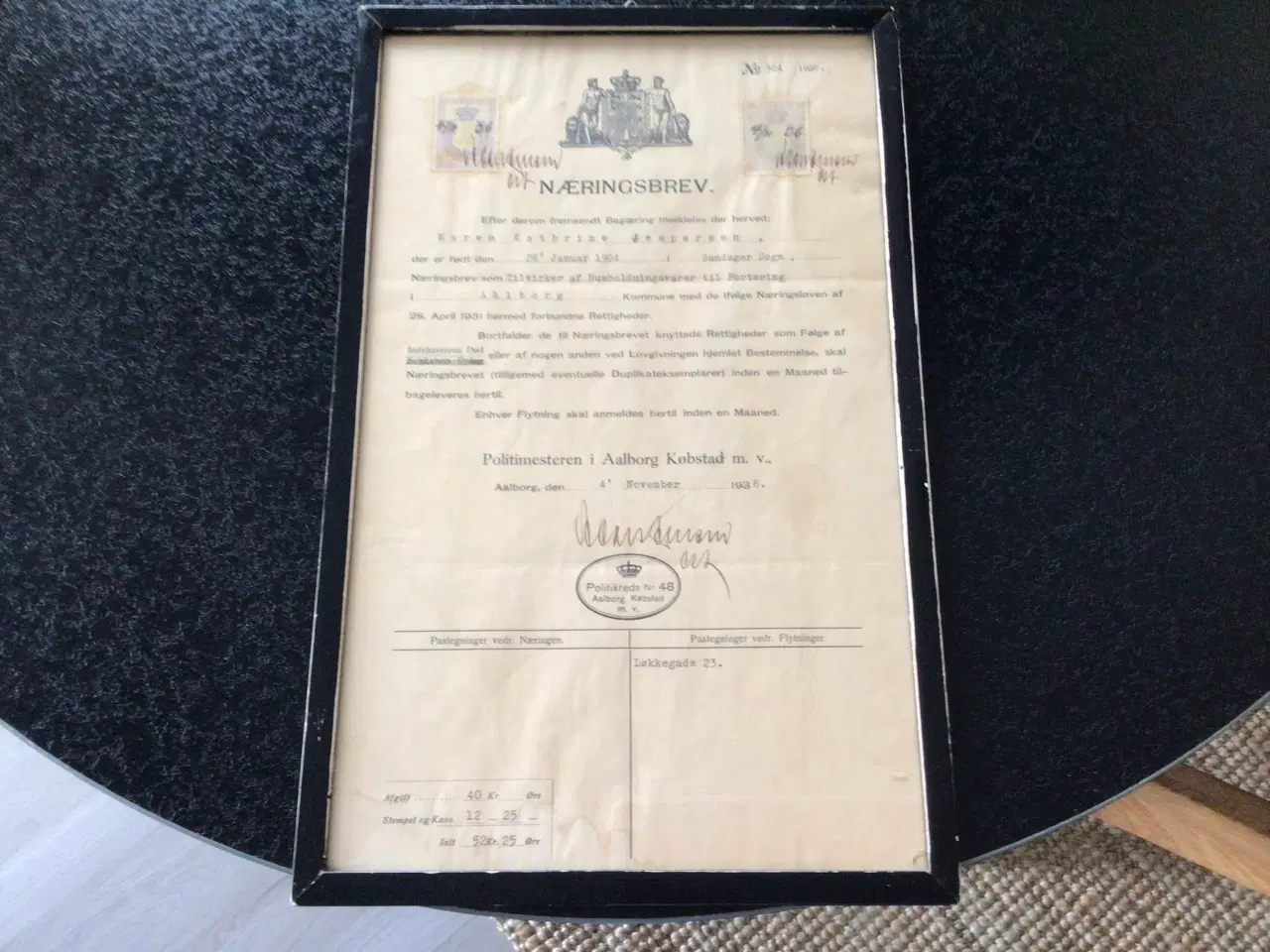Billede 1 - Gammel Næringsbrev med sort ramme