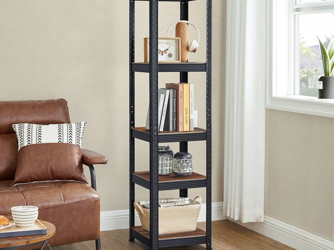 Billede 2 - Reolsystem metal med trælook 37×37×150 cm 5 hylder, justerbar, 400 kg samlet belastning, rustik brun/sort