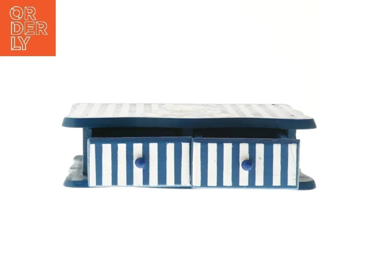 Billede 3 - Blå og hvid stribet smykkeskrin med bamse (str. 5,5x20,5x12 cm)i træ