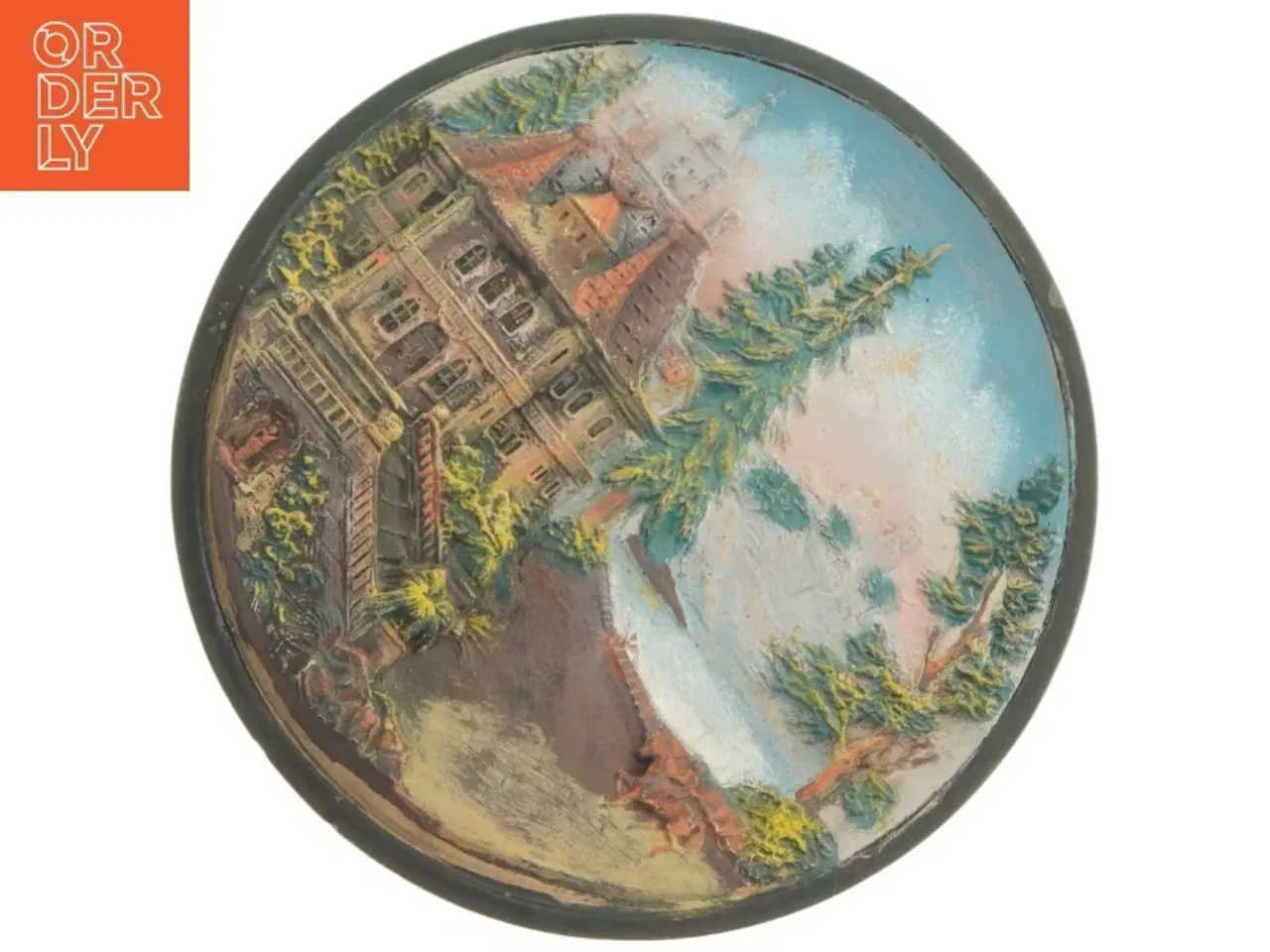 Billede 1 - Platte i tarrakotta med landskabsmotiv (str. 27 cm)