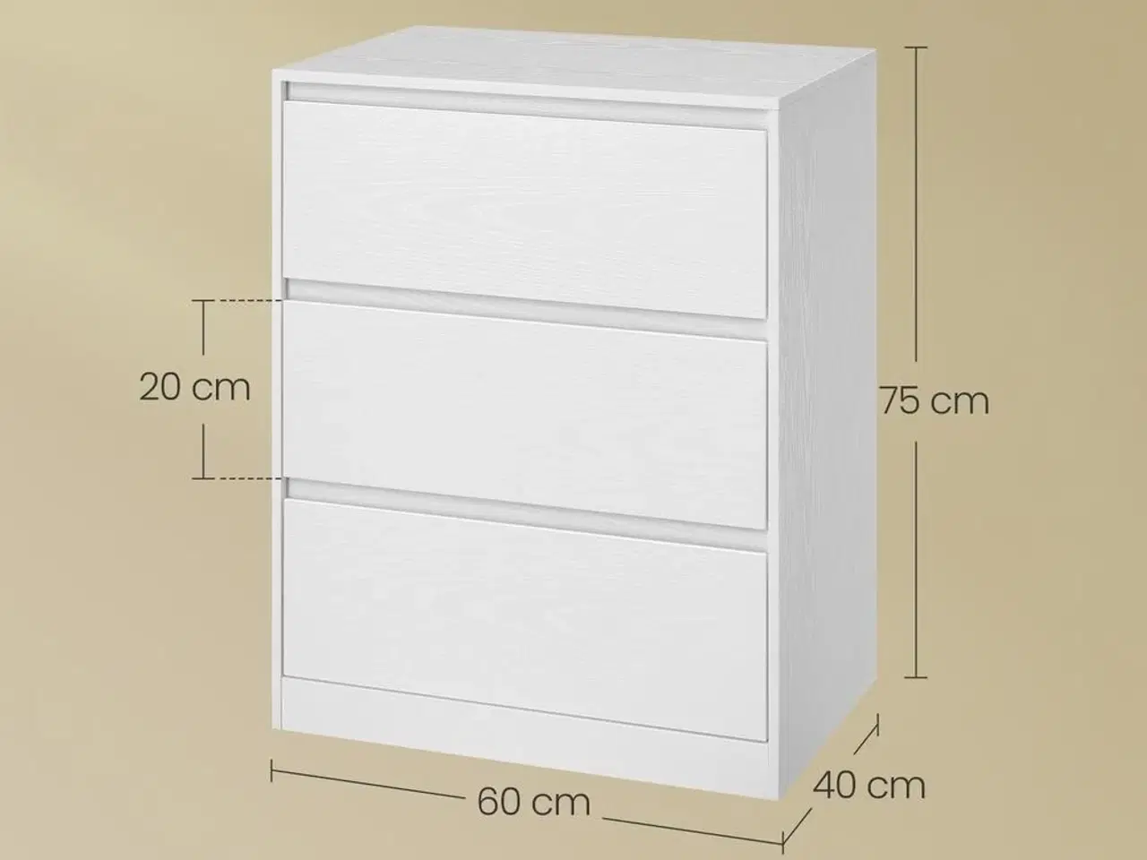 Billede 3 - Kommode med 3 skuffer - moderne, snehvid, 40 × 60 × 75 cm (KAILYN)