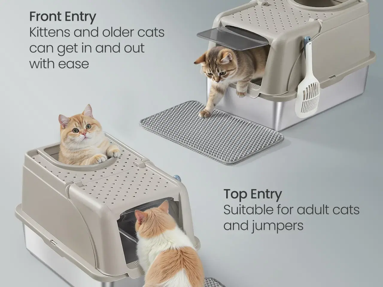 Billede 5 - Feandrea kattebakke i rustfrit stål med flip-låg, XL – lækagesikker, dobbelt indgang, inkl. skovl, børste og måtte – cappuccino beige