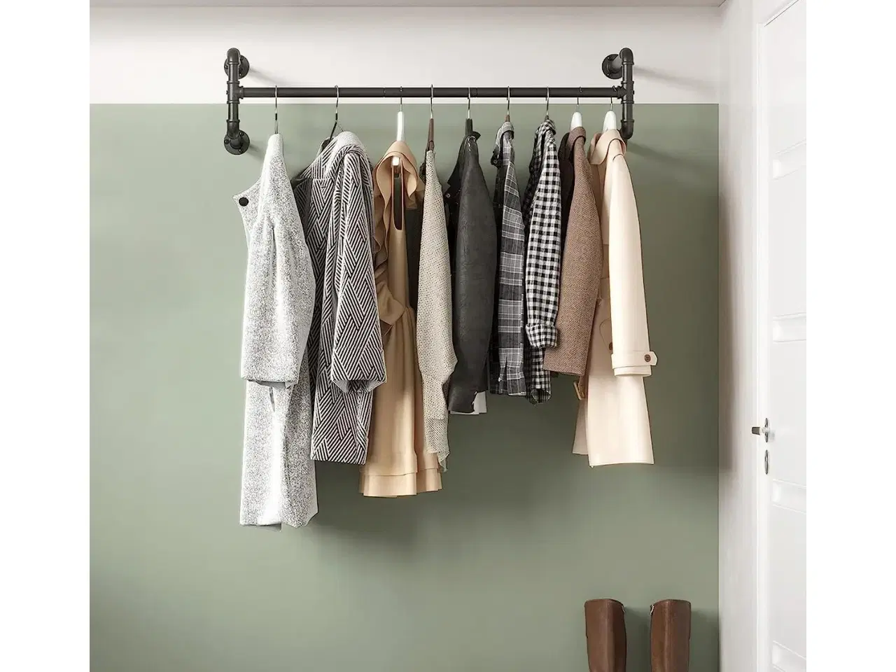 Billede 2 - Tøjstativ til væg sæt á 2, industriel rørstang, pladsbesparende, 110 × 30 × 29,3 cm, max 60 kg pr. stativ, sort HSR64BK-02